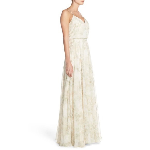 Jenny Yoo Inesse Chiffon V-Neck Spaghetti Strap Gown Floral Grey Multi Size 12 - Picture 11 of 12